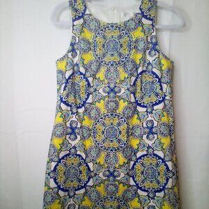 London Times Dress Women 6 Sleeveless Pattern Back Zip Yellow Blue